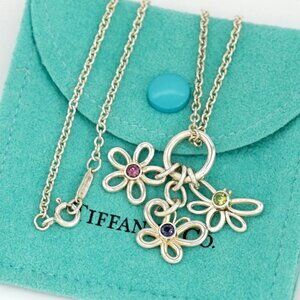 Tiffany & Co. Sapphire Peridot Flower Butterfly Dragonfly Necklace SV925 Auth